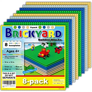 Brickyard Building Blocks Lego Compatible Baseplate - Pack of 8 Large 10 x 10 Inch Base Plates for Toy Bricks, STEM Activities & Display Table - Green, Blue, Gray, Sand