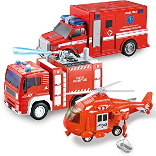 Joyin 3 in 1 Fire Truck Toys, Friction Powered Play Fire Rescue Car Set with Light and Sound, Including Fire Rescue Truck, Helicopter Toy, Play Ambulance, Kids Toddler Boys Girls Birthday Easter Gifts