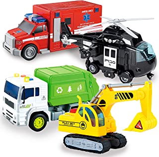 JOYIN 4 PC 7" Long Friction Powered City Play Vehicle Toy Set Including Construction Exvactor, Police Helicopter, Garbage Truck, Ambulance, Vehicle Toy with Lights and Sound Siren