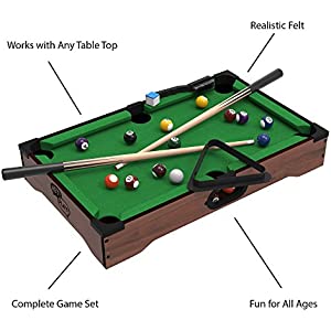 Mini Tabletop Pool Set- Billiards Game Includes Game Balls, Sticks, Chalk, Brush and Triangle-Portable and Fun for the Whole Family by Hey! Play!, green, 12.2x20.2x3.5, (15-3152)