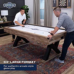 American Legend Kirkwood 84” Air Powered Hockey Table with Rustic Wood Finish, K-Shaped Legs and Modern Design