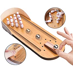Table Top Mini Bowling Game Set - Tabletop Wooden Board Mini Arcade Desktop Tiny Bowling Shooting Alley Office Desk Stress Relief Gadgets Small Finger Toys Fun Gag Gifts for Men Adults Kids Teens Boys