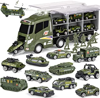 18 Pcs Military Truck with Army Men Toy Set for Boys, Mini Die-cast Battle Car in Transport Carrier Truck Playset, Army Toy Vehicle for Boy Girl Kid Toddler 8-12 Year Old Birthday Gift Party Favor