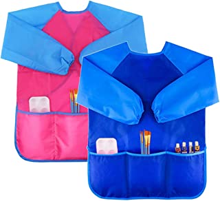 2 Pack Kids Art Smock Colorful Waterproof Children Art Aprons Artist Painting Aprons with Long Sleeve 3 Roomy Pockets for Age 3-8 Years,Blue and Pink