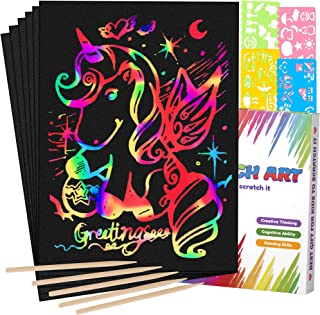 Mocoosy 60 Pcs Scratch Art Paper for Kids, Rainbow Magic Scratch Off Paper Set Art Craft Kit Black Scratch Paper Sheets with 4 Stencils 5 Wooden Stylus for Birthday Party Favors Game Activities