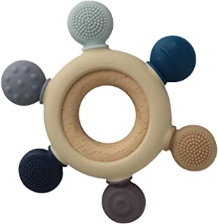 Arudyo Baby Teething Toys Silicone Teethers BPA Free Silicone Rudder with Wooden Ring Soothe Babies Gums (Gray)