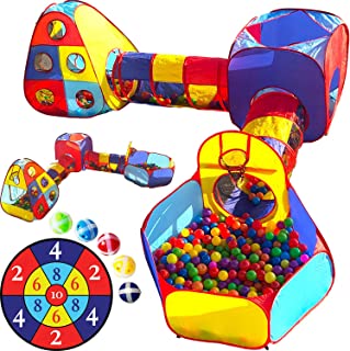 Playz 5pc Kids Playhouse Jungle Gym Ball Pit with Dart Board & 5 Sticky Balls - Fold Up Pop Up Tents, Tunnels & Basketball Pit Play Center for Boys, Girls, Baby, Toddlers w/ Travel Zipper Storage Bag