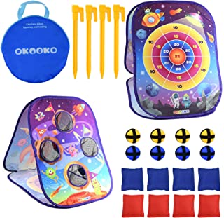 OKOOKO Bean Bag Toss Game 3 in 1 Set Space Theme Collapsible Cornhole & Dart Board 8 Bean Bags 8 Sticky Balls 4 Anchors Portable Party Carnival Backyard Camping Beach Travel for Toddlers Kids Family