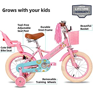 JOYSTAR Little Daisy Kids Bike for 2-7 Years Girls with Training Wheels & Front Handbrake 12 14 16 Inch Princess Kids Bicycle with Basket Bike Streamers Toddler Cycle Bikes, Blue Pink White