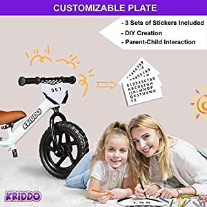 KRIDDO Toddler Balance Bike 2 Year Old, Age 18 Months to 3 Years Old, 12 Inch Push Bicycle with Customize Plate (3 Sets of Stickers Included), Steady Balancing, Gift Bike for 2-3 Boys Girls, WH