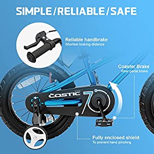 Costic Kids Bike for 3-8 Year Old Boys Girls BMX Freestyle Kid's Bicycle 12 14 16 Inch with Removable Training Wheels and Water Bottle ，Kickstand for 16 Inch Bikes，Multiple Colors，Blue White