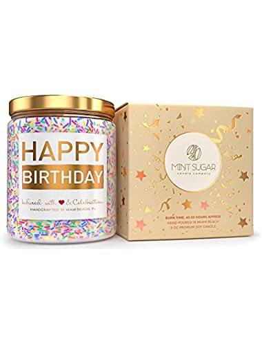 Happy Birthday Candle - Vanilla Birthday Cake Scent with Sprinkles Cute Birthday Gifts for Women Ideas, Made in USA, 9 oz - Cool Unique Bday Gift for Her, Best Friend, Men - Mint Sugar Candle Company