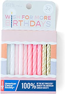 Wish for More Birthdays - 24-Pack of Birthday Candles - Tall, Spiral Cake Decorations to Benefit The American Cancer Society - Pink, Gold and White