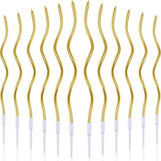 12 Pcs Twisty Birthday Candles Long Spiral Cake Candles Metallic Cake Cupcake Candles Long Thin Coil Cake Candles with Holders for Birthday Wedding Party Cake Decoration (Gold)