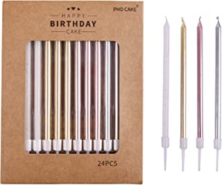 PHD CAKE 24-Count Long Birthday Candles in Holders in Gold Silver Rose Gold White, Cake Candles, Birthday Parties, Wedding Decorations, Party Candles, Celebrations
