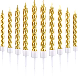 Blulu 50 Pieces Spiral Cake Candles in Holders Metallic Cake Cupcake Candles Short Thin Cake Candles for Birthday Wedding Party Cake Decorations (Gold)