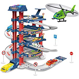 UNIH City Ultimate Garage Toys for Boys, Tower Toy Cars Garage with Electric Elevator, Race Car Track Toys for 5+ Year Old Boys