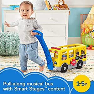 Fisher-Price Little People Toddler School Bus Push Toy with Lights Sounds and Smart Stages Learning Content, 4 Toy Figures​