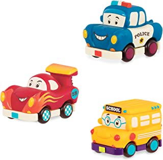 B. toys by Battat - Mini Pull-Back Vehicles Set, Bus & Cars, Multi, 3Pc Hot Rod, School Bus, Police Car