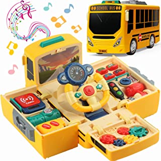 School Bus Toy with Sound and Light, Simulation Steering Wheel Gear Toy, Toddlers School Bus Toys with Music Education Knowledge Simulation Driving Bus Toys, Gift for 3-5 Boys & Girls