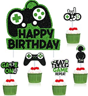 31 Piece Video Game Happy Birthday Cupcake Toppers Cake Toppers Video Gamer Party Decorations Supplies Picks Gaming Theme Birthday Party Banner Game Controller Backdrop for Kid Boys Gaming (Green)