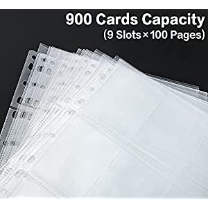 HERKKA Trading Card Sleeve Pages, 100 Pack 9 Pocket Trading Card Storage Album Pages 11 Holes Fit 3 Ring Binder