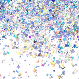 60 g/ 2.1 oz Holographic Star and Moon Table Confetti Iridescent Metallic Glitter Foil Confetti Sequin Star Moon Scatter for Halloween Birthday Wedding Festival Party DIY (6 mm, 4 mm, Silver)
