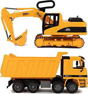 Excavator & Dump Truck Toy for Kids (Set of 2) – Moveable Claw & Lifting Back – Garbage Truck & Bulldozer Digger – Construction Vehicle for Kids & Children by Toy To Enjoy