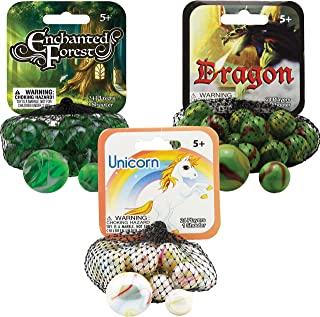 Mega Marbles 3 Pack - Enchanted Forrest, Dragon, & Unicorn Game Nets - Includes 1 Shooter Marble & 24 Player Marbles Per Net