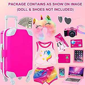 XFEYUE 23 Pcs American 18 inch Doll Clothes and Accessories - Suitcase Luggage , Pillow, Sunglasses, Camera, Passport, Mobile Phone , Computer Doll Travel Gear Play Set Fit American 18 inch Girl Doll