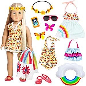 18 Inch American Doll Clothes and Accessories Swimming Play Set for American 18 Inch Girl Doll Including Dress Swimsuit Swimming Ring Shoes Sunglassess Phone etc