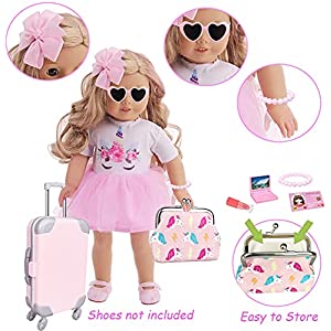 American Doll Accessories Case Luggage Travel Play Set for 18 Inch Dolls Travel Storage, American Doll Stuff with Doll Clothes and Accessories Camera Travel Pillow, 17 Pcs