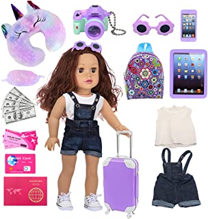 dudubell 18 Inch Doll Accessories Travel Gear Play Set, Including Suitcase Luggage, Clothes, Sunglasses, Camera, Pad, Fit for American Girl, Our Generation, My Life Dolls-Purple (Not Include Doll)