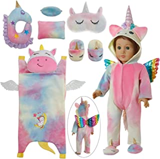 Windolls American 18 Inch Girl Doll Sleeping Bag & Clothes Accessories Set - Unicorn Doll Costume with Unicorn Style Sleeping Bag, Eye Masks, Pillow, Slippers - Fits My Life, Generation, Journey Dolls