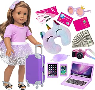 ZNTWEI American 18 Inch Girl Doll Travel Suitcase Play Set with 18 Inch Doll Clothes and Accessories Including Sunglasses Camera Computer Phone Ipad Travel Pillow ect
