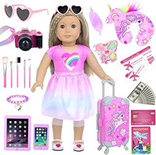 DOTVOSY 29 Pcs American 18 Inch Girl Doll Clothes and Accessories Travel Suitcase Set Including Pillow, Sunglasses, Camera, Passport, Phone, Laptop etc
