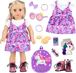UNICORN ELEMENT American Doll Clothes and Accessories Set (9 Pieces) 18 Inch Girl Doll Accessories Included Unicorn Backpack,Dress, Shoes, Glasses,Cellphone, 3 Head Accessories etc.