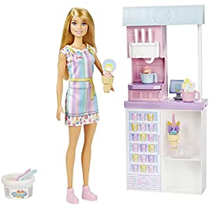 Barbie Ice Cream Shop Playset with 12 in Blonde Doll, Ice Cream Making Feature, 2 Dough Containers, 2 Bowls, 2 Cones, 3 Toppers, Gift for Ages 3 Years Old & Up