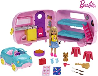 Barbie Club Chelsea Camper Playset with Chelsea Doll, Puppy, Car, Camper, Firepit, Guitar and 10 Accessories, Gift for 3 to 7 Year Olds