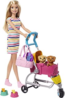 Barbie Stroll ‘n Play Pups Playset with Blonde Barbie Doll (11.5-Inch), 2 Puppies, Pet Stroller and Accessories, Gift for 3 to 7 Year Olds
