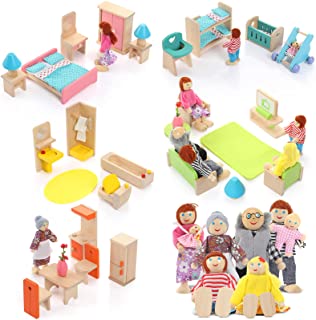Wooden Dollhouse Furniture Doll House Furnishings with 8 Pieces Winning Doll Family Set, Dollhouse Accessories for Miniature Dollhouse, Family Figures Imaginative Play Toy (Cute Style)