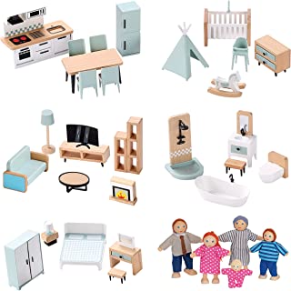 Wooden Dollhouse Furniture Set, 37pcs Furnitures with 5 Family Dolls, Dollhouse Accessories Pretend Play Furniture Toys for Boys Girls & Toddlers 3Y+