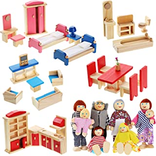 Wooden Dollhouse Furniture Doll House Furnishings with 8 Pieces Winning Doll Family Set, Dollhouse Accessories for Boys Girls Miniature Dollhouse, Family Figures Imaginative Play Toy (Classic Style)