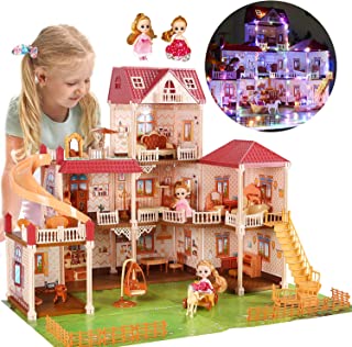 8 Rooms Huge Dollhouse with 2 Dolls and Colorful Light, 32" x 25" x 26.6" Doll House Gift for Girls