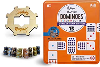 Regal Games - Premium Double 15 Mexican Train Dominoes in Collector’s Tin - Colored Dot Dominoes Game Set, Family-Friendly - 136 Tiles, 8 Metal Trains, Wooden Hub - 2-8 Players Ages 8+