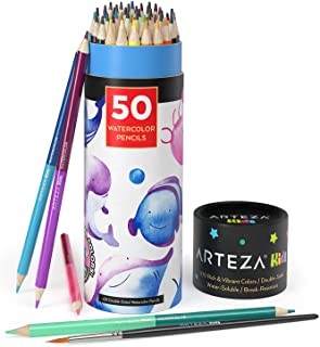 Arteza Kids Watercolor Pencils, 100 Colors, 50 Double-Sided Pencil Crayons with Nylon Watercolor Brush, Pre-Sharpened, Art and School Supplies for Painting, Drawing, and Doodling