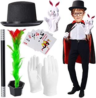 Yewong Kids Magician Pretend Play Dress Up Set with Accessories,Magician Cloak Cape Top Hat Wand Gloves Rabbit Puppet Magic Tricks Kit, Magician Role Play Set (Set-A)