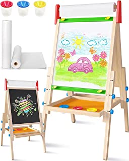 Easel for Kids with 2 Drawing Paper Roll, Learning-Toy for 3,4,5,6,7,8 Years Old Boy & Girls, Wooden Chalkboard & Magnetic Whiteboard & Painting Paper Stand, Gift & Art Supplies for Toddler