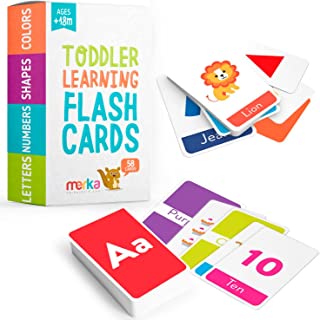 merka Large Alphabet Flash Cards for Toddlers 2-4 Years - Learn Colors Number Shapes Animals ABC Letters & Sight Words - Learning Toy Educational Preschool Toddler Flashcards - 58 Picture Cards