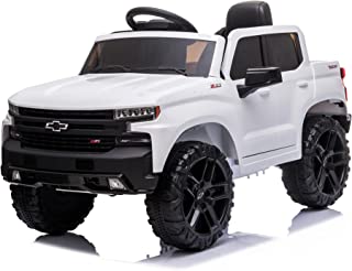 Kids Ride On Truck — 12V Ride On Car with Remote Control — Pick-up Electric Truck Vehicle with Parental Remote, Open Doors, Seat Belt, MP3 Music, Trunk — Americas Toys Compatible with Chevrolet White